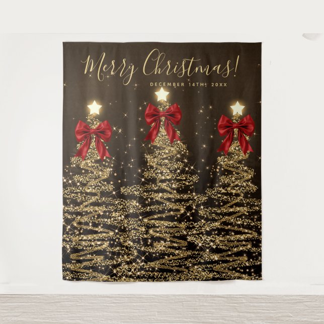 Holiday Backdrop Gold Christmas Trees w/ Red Bows (Front)