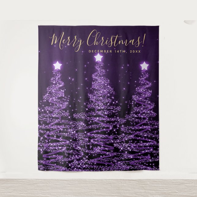 Holiday Backdrop Gold Purple Merry Christmas Trees (Front)