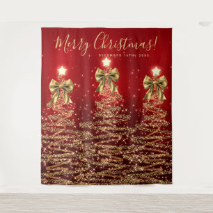 Holiday Backdrop Gold Red Christmas Trees w/ Bows