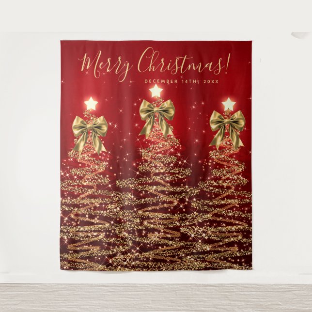 Holiday Backdrop Gold Red Christmas Trees w/ Bows (Front)