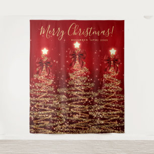 Holiday Backdrop Gold Red Christmas Trees w/ Bows