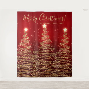 Holiday Backdrop Gold Red Merry Christmas Trees