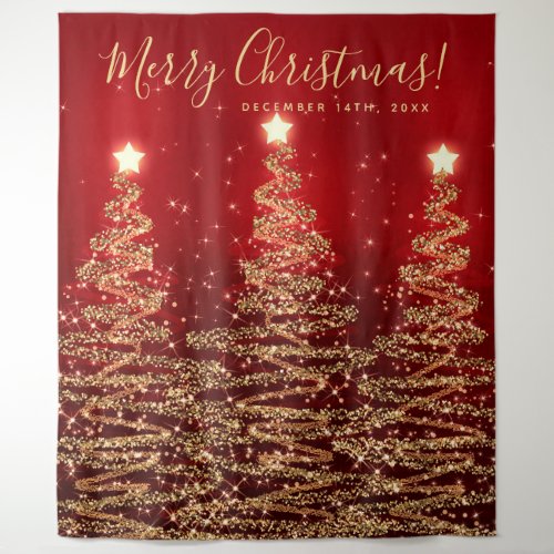 Holiday Backdrop Gold Red Merry Christmas Trees