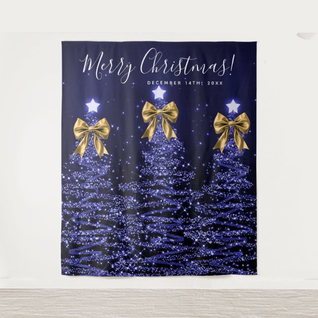 Holiday Backdrop Navy Blue Christmas Trees Gold (Front)