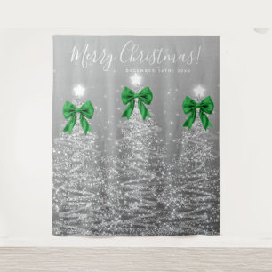Holiday Backdrop Silver Christmas Trees Green Bows