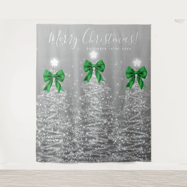 Holiday Backdrop Silver Christmas Trees Green Bows (Front)