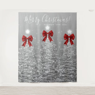 Holiday Backdrop Silver Christmas Trees Red Bows