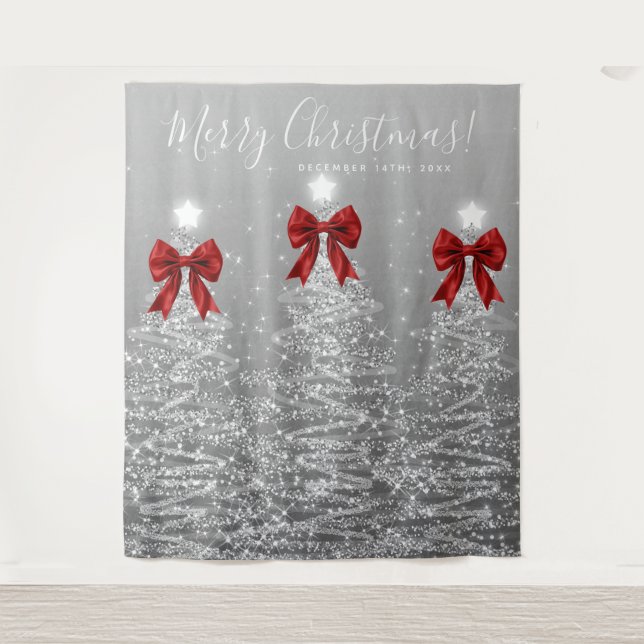 Holiday Backdrop Silver Christmas Trees Red Bows (Front)