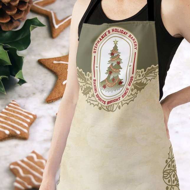 Holiday Bakery Baking Spirits Bright Christmas Apron (Beautiful faux lace cutwork makes the Christmas apron stand out from the crowd.  )