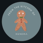 Holiday Baking Gingerbread Man Classic Round Sticker<br><div class="desc">Cute Christmas theme sticker for bakers to label their gifts! It has an illustration of a gingerbread man cookie with the text that says "From the kitchen of." Customize this product by adding your name at the bottom.</div>