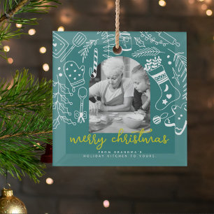 Holiday Baking Green Hand Drawn Christmas Photo Glass Ornament