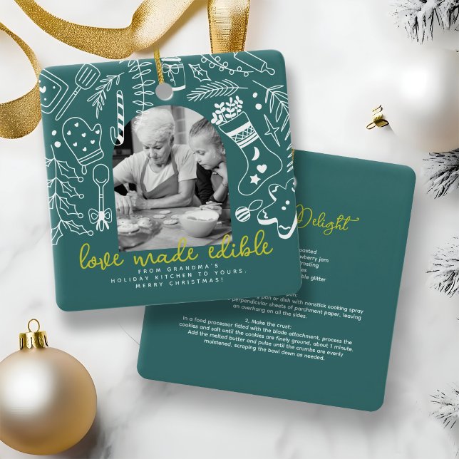 Holiday Baking Green Photo Christmas Recipe Ceramic Ornament (Creator Uploaded)