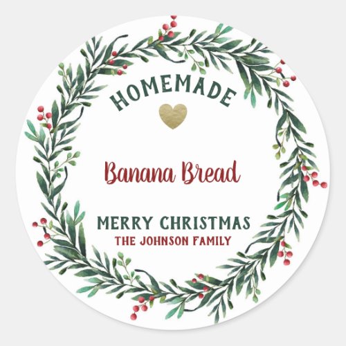 Holiday Baking Merry Christmas  Red berries Wreath Classic Round Sticker