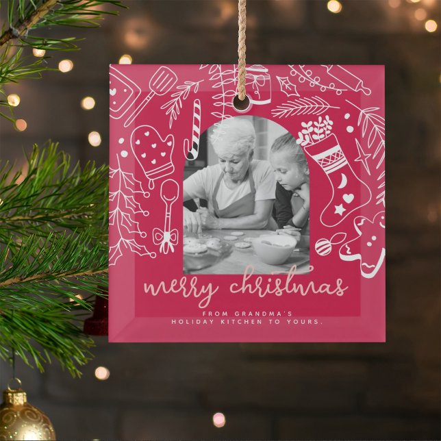 Holiday Baking Red Hand Drawn Christmas Photo Glass Ornament (Creator Uploaded)