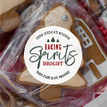 Holiday Baking Spirits Bright Christmas Cookies Classic Round Sticker<br><div class="desc">Holiday baking sticker that reads 'Baking Spirits Bright',  featuring trendy fonts,  festive red and green colors,  Christmas tree motif and with space for your custom text and your name. Perfect to label your Christmas treats for a cookie exchange or holiday home-baked gifts.</div>