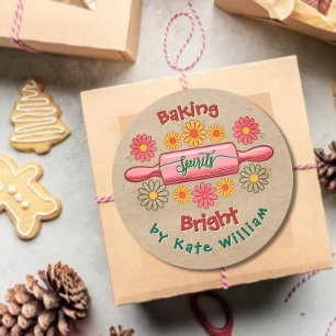 Holiday Baking spirits bright floral kraft paper Classic Round Sticker