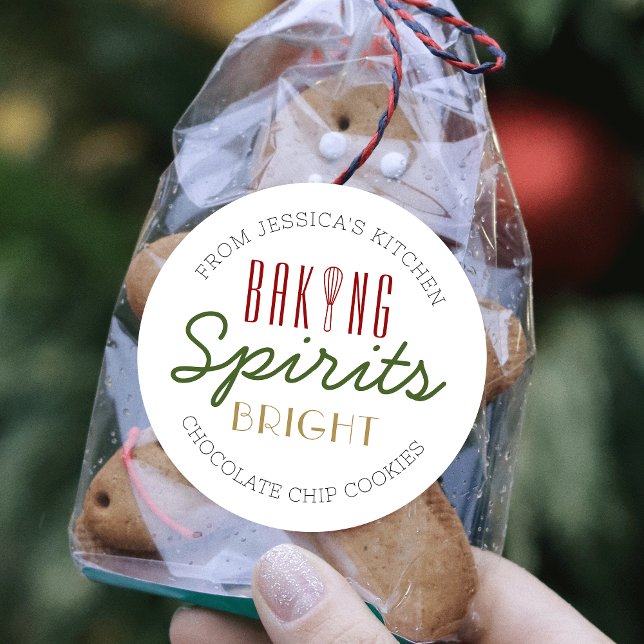 Holiday Baking Spirits Bright Whisk Festive Xmas Classic Round Sticker (Elegant and chic Christmas cookies labels with a modern Baking Spirits Bright Design)