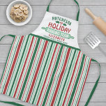 Holiday Baking Team Christmas Cookie Party Green Apron<br><div class="desc">Celebrate time together at home in the kitchen with a custom red & green striped Holiday Baking Team apron. All text on this template is simple to customize. The design features red, green and white vertical stripes, cute holly leaves and berries, rolling pin, family name, and optional funny title. Add...</div>