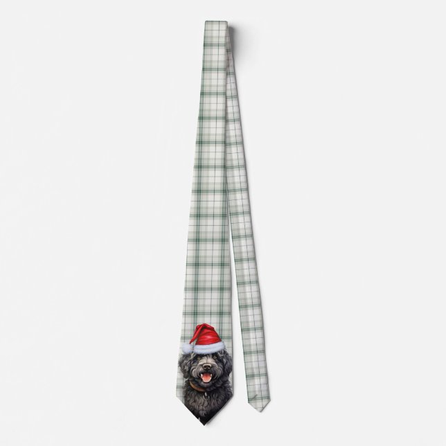 Holiday Barbet Dog Green Plaid Christmas Neck Tie (Front)