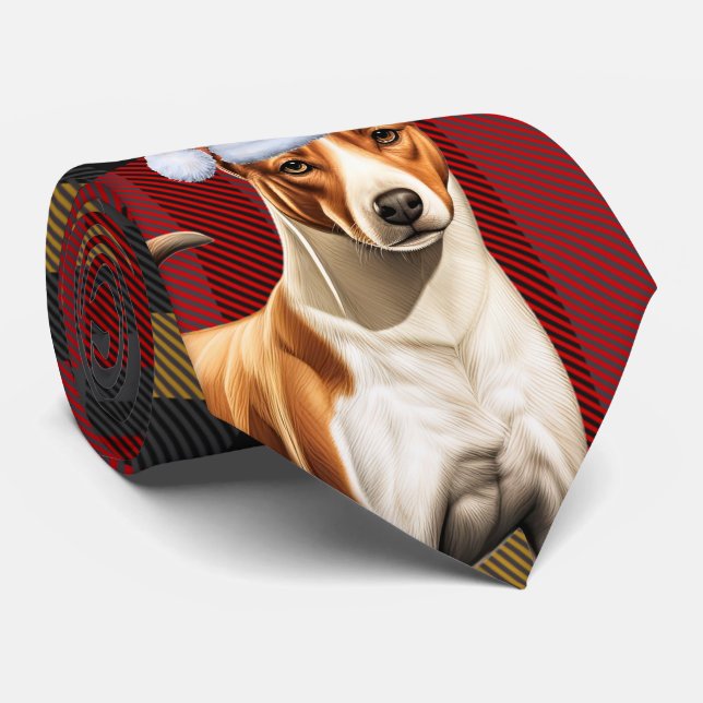 Holiday Basenji Dog Red and Green Plaid Christmas Neck Tie (Rolled)