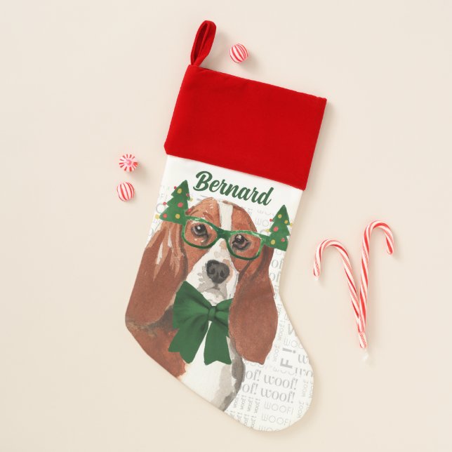 Holiday Basset Hound Dog with Name Christmas Stocking (Front)