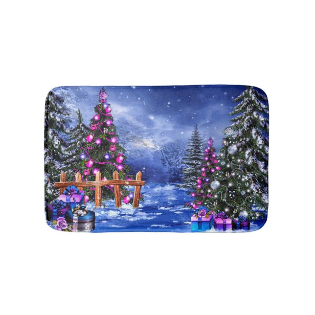 Holiday Bath Mat (A digital art image of a winter scene with Christmas trees and presents!)