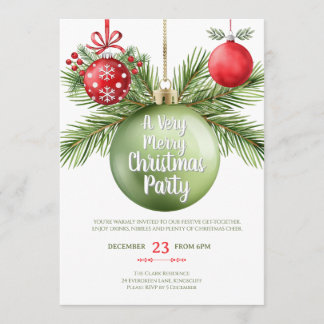 Holiday baubles Red & Green Christmas Party Invitation
