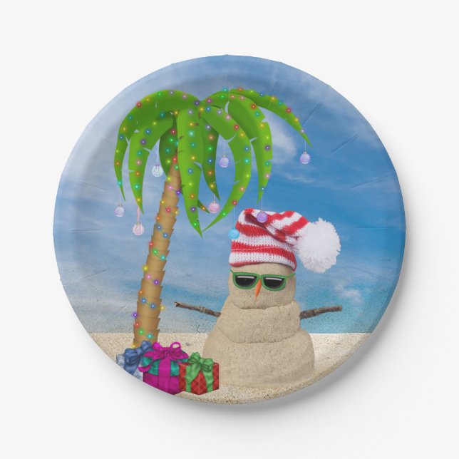Holiday Beach Sand Man with palm tree Paper Plates (Front)