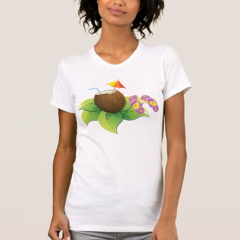 Holiday Beach Theme Coconut Drink And Flip Flops T-shirt by RossiCards at Zazzle