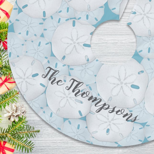 Holiday Beach Tropical Sand Dollar Turquoise  Brushed Polyester Tree Skirt (Beach sand dollars cute stylish calligraphy script tree skirt. )
