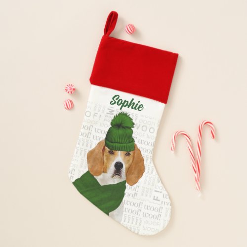 Holiday Beagle with Dogs Name Christmas Stocking