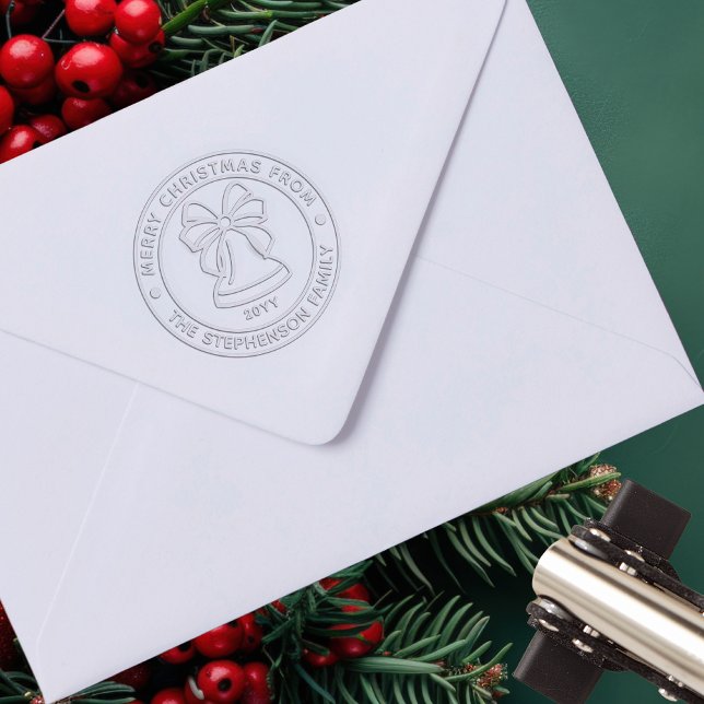 Holiday Bell Merry Christmas Family Name | Year Embosser (Holiday Bell with Coquette Bow "Merry Christmas From" Your Family Name and Year Embosser)