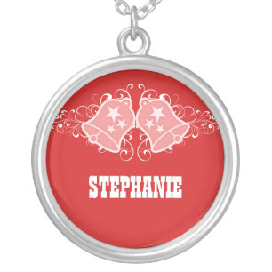 Holiday Bells and Swirls Necklace, Red Silver Plated Necklace
