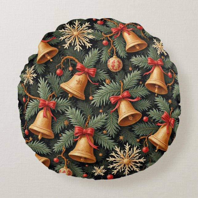 Holiday Bells, decorative pattern. Round Pillow (Front)