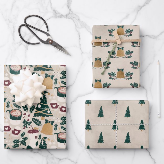 Holiday Bells & Trees Wrapping Paper Sheets (Front)
