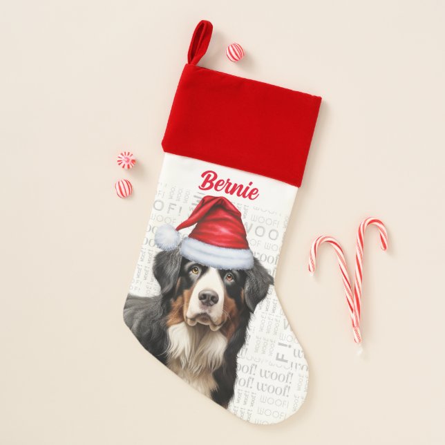 Holiday Bernese Mountain Dog with Name Christmas Stocking (Front)