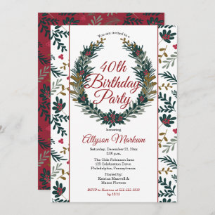 Holiday Berries Pine Wreath 40th Birthday Party Invitation