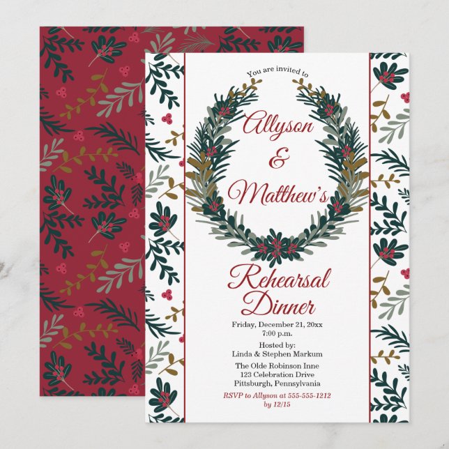 Holiday Berries Pine Wreath Rehearsal Dinner Invitation (Front/Back)