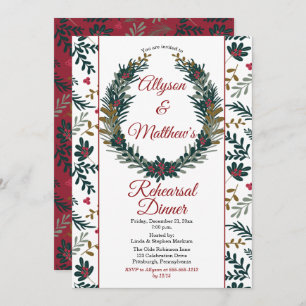Holiday Berries Pine Wreath Rehearsal Dinner Invitation