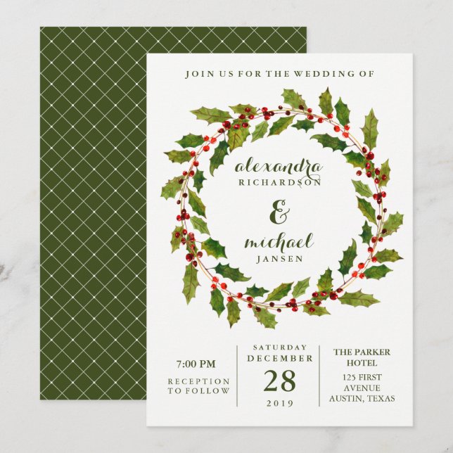 Holiday Berries | Watercolor Wreath Wedding Invitation (Front/Back)