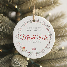 Holiday Berry Branch Christmas Newlyweds Ceramic Ornament