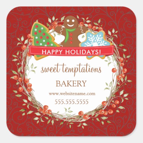 Holiday Berry Wreath Christmas Cookie Square Sticker