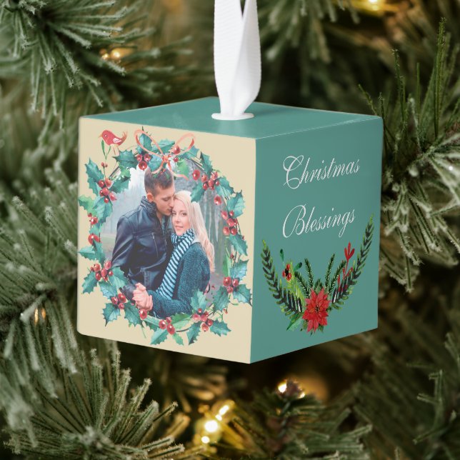 Holiday Berry Wreath Poinsettia Photo Template Cube Ornament (Tree)