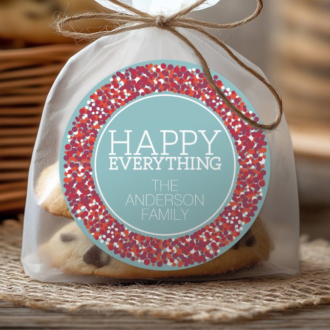 Holiday Berry Wreath with Happy Everything Classic Round Sticker (Happy Everything Sticker - Customize with your family name)