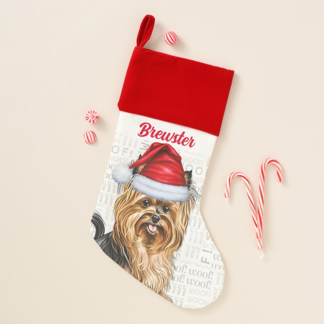Holiday Biewer Terrier Dog with Name Christmas Stocking (Front)