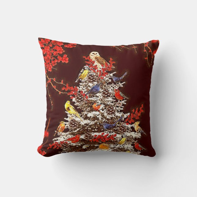 Holiday Bird Tree Throw Pillow (Front)