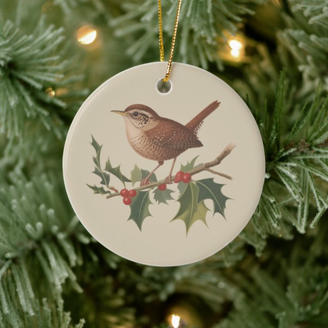 Holiday Bird Wren on Holly Branch Christmas Nature Ceramic Ornament (Tree)