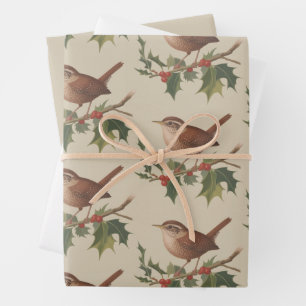 Holiday Bird Wren on Holly Branch Christmas Nature Wrapping Paper Sheets