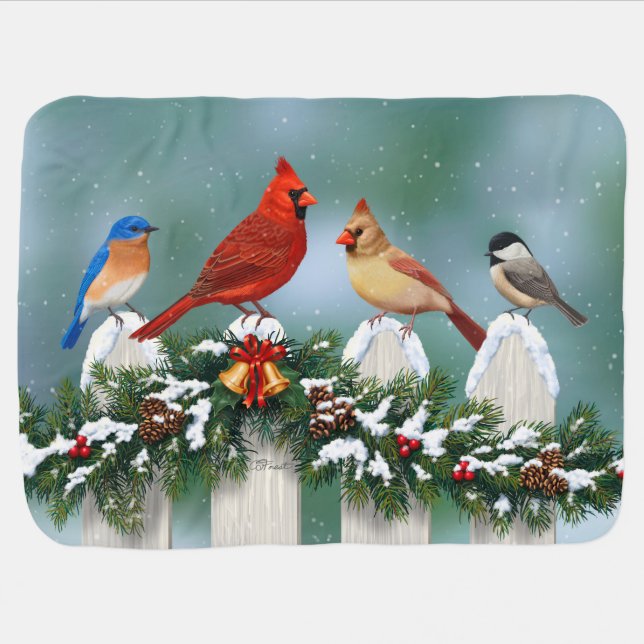 Holiday Birds & Christmas Garland Baby Blanket (Horizontal)