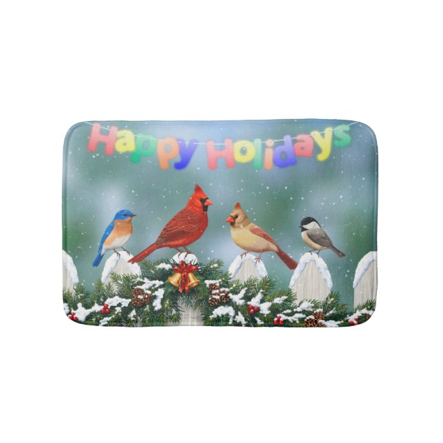 Holiday Birds & Christmas Garland Bath Mat (Front)